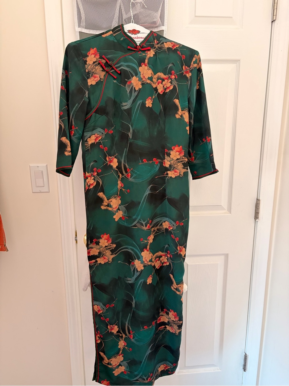 Green Floral Mandarin Maxi Dress with Red Trim